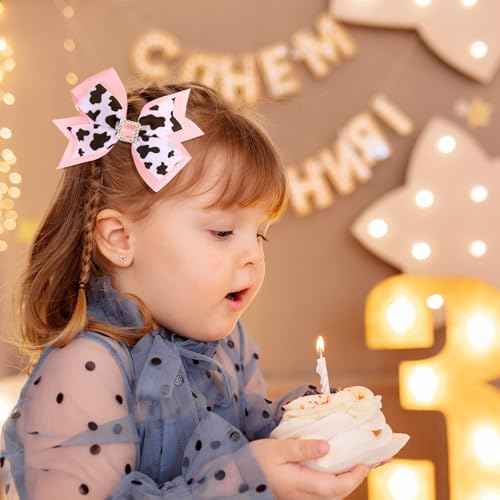 2 Pcs Pink Cow Hair Bow Clips, 4.3 Inch Animal Print Ribbon Bowknot Alligator Barrettes, Cute Print Hairpins Bows Barrettes for Cowgirls Theme Birthday Party Dress Outfit Costume Decor Accessories