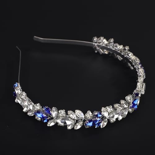 Blue and Silver Rhinestone Headband Crystal Rhinestone Hairband Silver Wedding Hair Accessories Teardrop Rhinestone Wedding Headband for Women