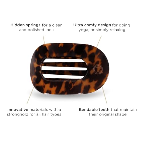 TELETIES - Medium Flat Round Clip - Strong Grip, Bendable Teeth, Comfortable Curved Design - For Lying Down, Yoga, Driving & More - Ideal for Medium-Thick Hair - For All Hair Textures - Tortoise