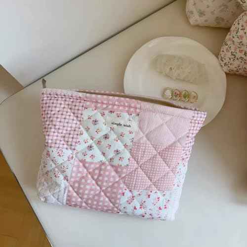 Quilted Cotton Makeup Bag,Coquette Floral Quilted Cosmetic Bag, Travel Toiletry Makeup Bag for Women and Girls, Aesthetic Travel Organized Cosmetic Pouch(09 Patchwork Pink)