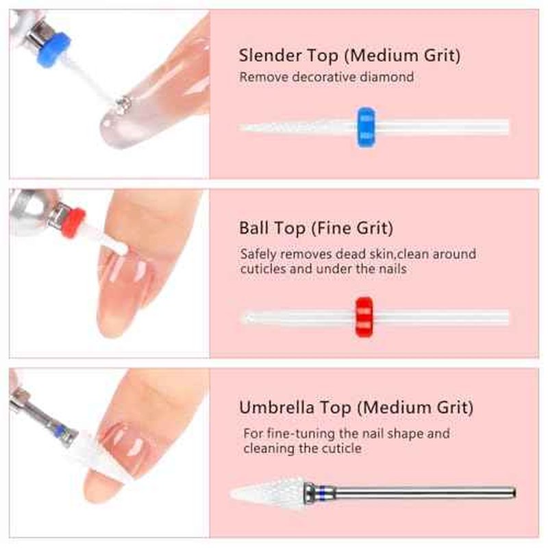 BQAN Nail Drill Bits Set, 6Pcs 3/32 In Drill Bit for Nail Tech Ceramic Bits for Remove Cuticle Acrylic Gel Polish Nail Manicure