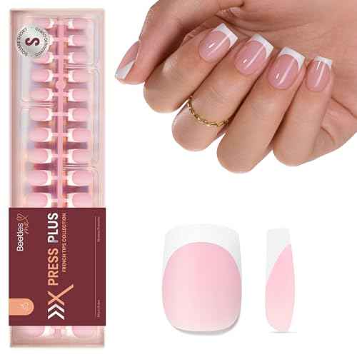 Beetles French Tip Press On Nails: 150 Pcs Pink Short Square Press On Nails 4 in 1 Nail Tips, Pre-Applied Primer & Base Coat, No File Need DIY Manicure for Fall Nails Extension Gifts for Women