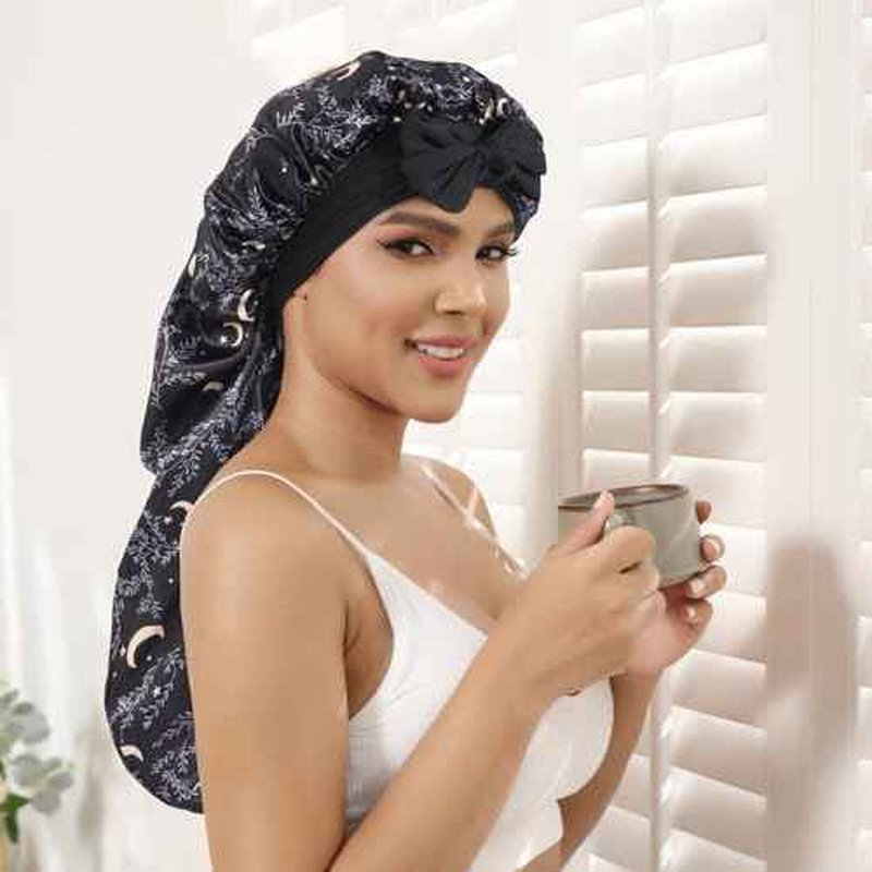 AWAYTR Long Satin Bonnet for Women - Double Layer Elastic Silk Bonnet for Braids Hair Sleeping Cap with Tie Band (Star and Moon+Black)