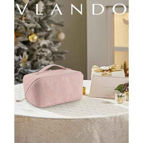 Vlando Makeup Bag,Large Capacity Toiletry Bag for Women Waterproof Portable Make up Pouch PU Leather Open Flat Cosmetic Bag(Sand Pink)