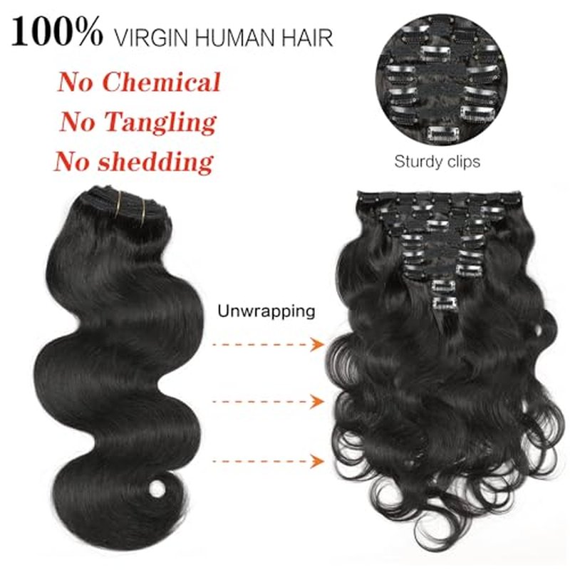 Body Wave Clip Ins Human Hair 8Pcs/Set 120 Gram Body Wave Clip in Hair Extensions 10A Brazilian Virgin Human Hair for Black Women Natural Black Color 24 Inch