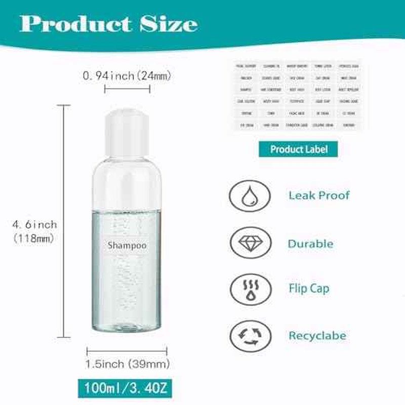 Clear Toiletry Travel Bottles, 3.4oz/100ml TSA Approved Empty Containers with Toiletry Bag - Cosmetic Kit with Labels for Shampoo, Conditioner, Lotion, and Airplane Accessories(4Pack, White)