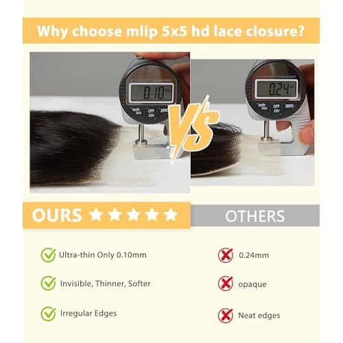 Mlip 2x6 HD Lace Closure Body Wave, 0.10mm Ultra Thin Invisible Swiss Lace, Skinlike Real HD Lace Melt into Skin Perfectly, Pre-plucked Natural Hairline, Raw Indian Human Hair 12 Inches