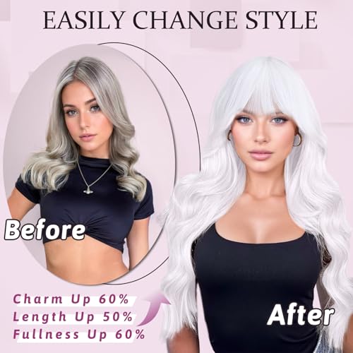 NAYOO White Wigs with Bangs - Long Curly Wavy Synthetic Fiber Wigs - Heat Resistant - 26 Inches