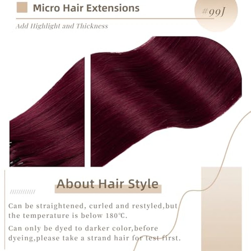 20 Inch Microlink Hair Extensions Micro Bead Extensions Hair Real Human Hair #99J Micro Ring Hair Extensions Red Wine Virgin Remy Micro Link Hair 1g/s 50g