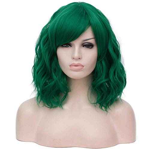 Mildiso Dark Green Wigs for Women Short Curly Wavy Bob Wig with Bangs Cute Synthetic Wig for Daily Party M073