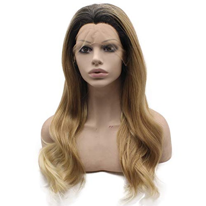 MX angel Long Wavy Ombre Blonde Hand Tied Synthetic Wig Lace Front Heat Resistant Fiber Hair Wig
