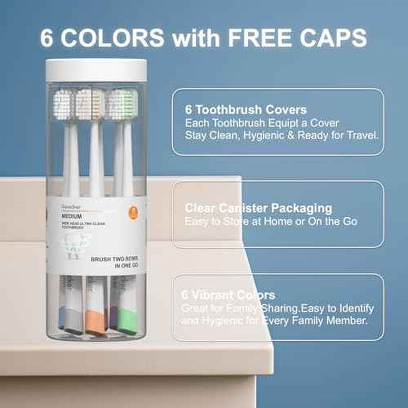 Medium Toothbrushes for Adults with Wide Head and Spiral Bristles, Whitening Toothbrush with Tongue & Cheek Cleaner, Travel Toothbrush with Cover and Canister Packaging, Multi-Color, 6 Count