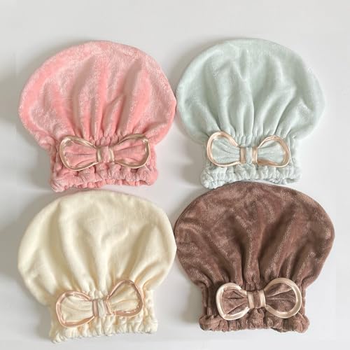 Jseng Microfiber Hair Towel Caps for Wet Hair with Cute Bowtie, 3Packs Fast Drying Hair Towel Caps for Long Curly Hair Women