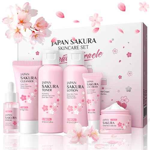 6 Pcs Skin Care Sets JAPAN SAKURA Women Beauty Gift Sets Sakura Skin Care Kit with Cleanser, Toner, Serum, Eye Cream, Lotion, Essence Cream Travel Kit for Women Teen Girls