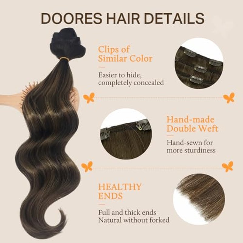 DOORES Clip in Hair Extensions Human Hair Extensions, Balayage Dark Brown to Chestnut Brown 120g 7pcs 18 Inch Real Human Hair Extensions Clip in Straight Remy Silky Weft