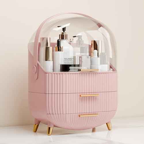 Makeup Organizer for Vanity Cosmetics Skincare Organizers with Lid and Drawers Display Cases for Countertop (Pink)