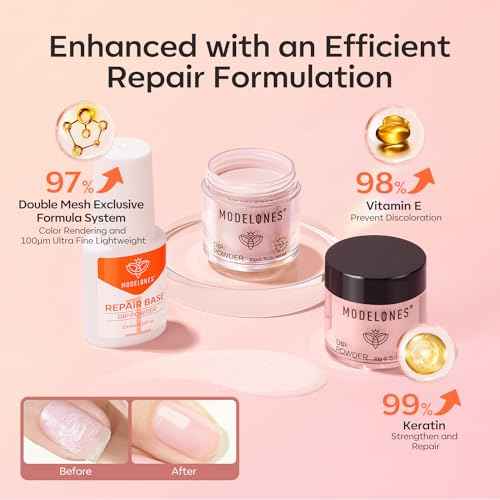 Modelones Dip Powder Nail Kit, 4 Colors Nude Pink Glitter Dipping Starter Set with Liquid and Complete Accessories for French Nails Art Salon DIY at Home Manicure