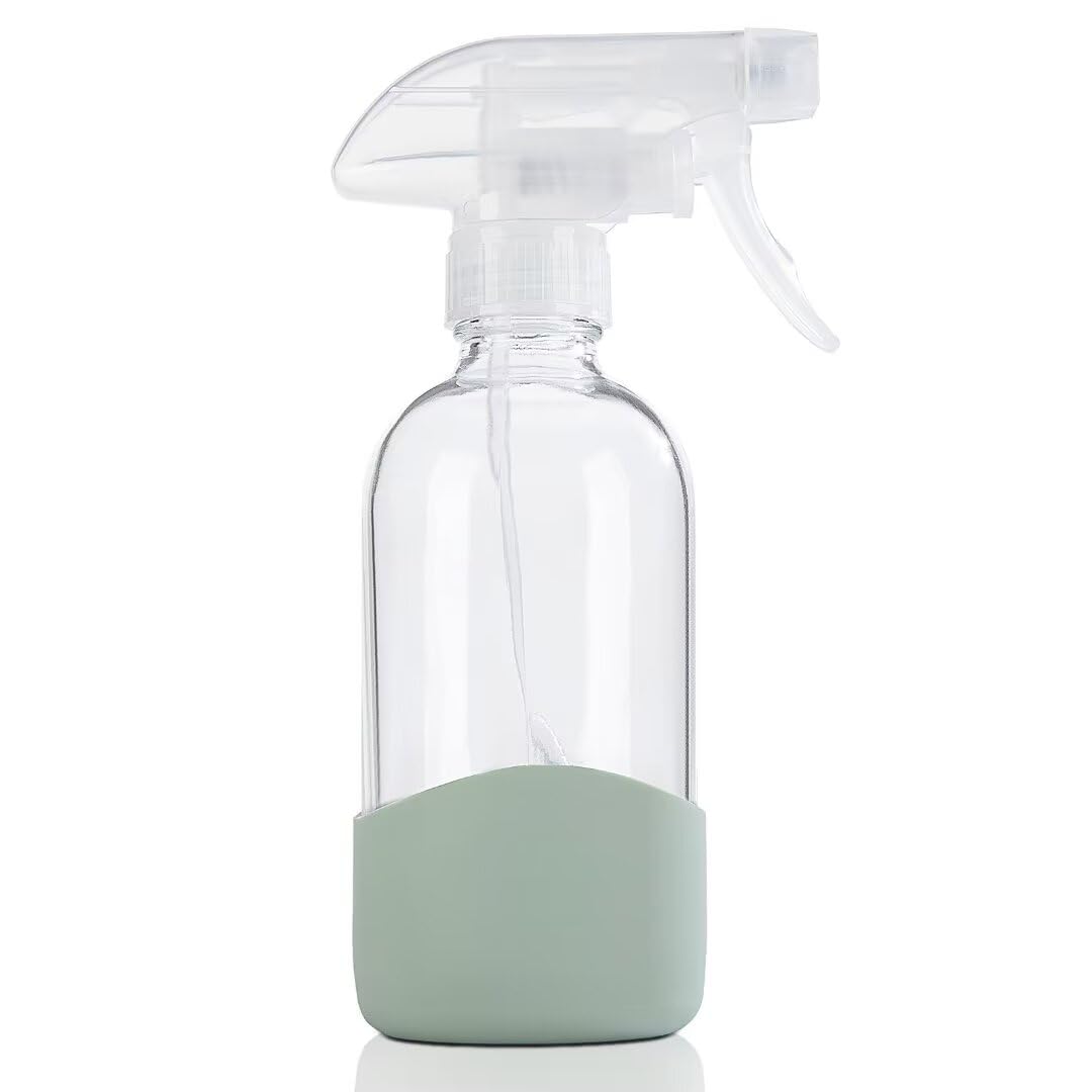 HOMBYS 8 Oz Empty Clear Glass Spray Bottles with Silicone Sleeve Protection Refillable Containers for Cleaning Solutions, Essential Oils, Misting Plants - Quality Sprayer - 1 Pack Boston Bottles