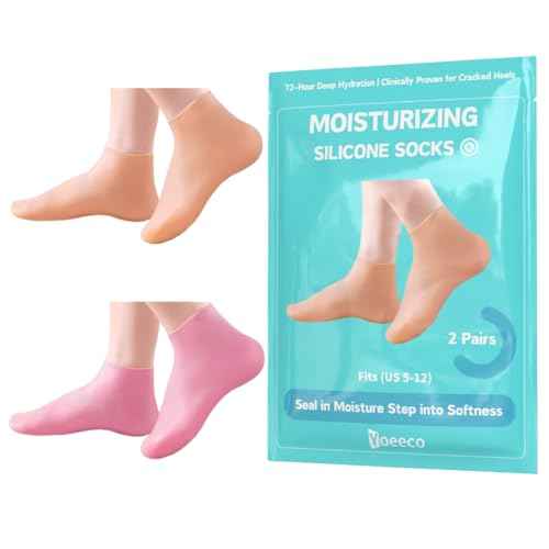 Reusable Silicone Socks for Dry Cracked Feet & Heels - Moisturizing Socks for Women and Men Fits Sizes US5-12 - Lotion Rubber Socks for Overnight Repair & Spa Treatment (Beige & Pink)
