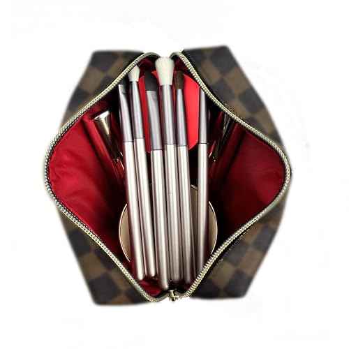 bopomofo Brown Checkered Cosmetic Bag 3 Pack,1 Big Pouch,1 Makeup Brushes Holder, 1 Coin Purse,Portable Travel Makeup Bag Set Lightweight and Waterproof Storage Bag Organizer (Brown Checkered 3 Pcs)