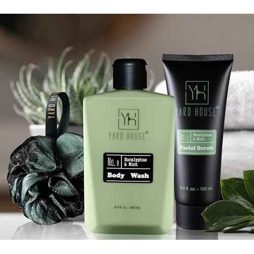 Mens Luxury Bath and Body Gift Set For Him - Skin Care Kit in Eucalyptus and Mint - Fathers Day Birthday Christmas Gifts Ideas For Men - 7Pcs Set w. Full Size Items in Leather Toiletry Bag