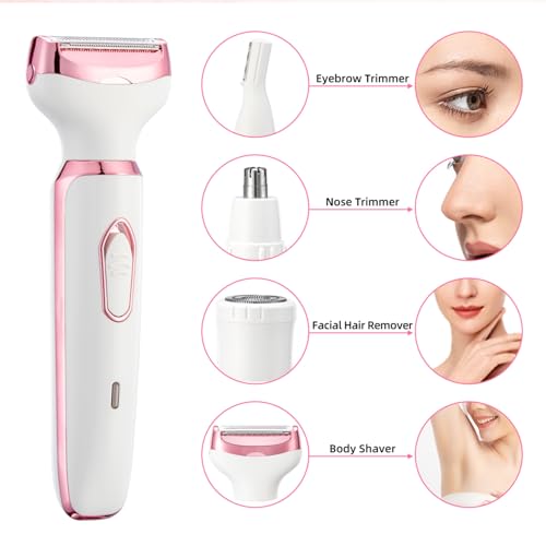 4-in-1 Electric Razor for Women - Rechargeable Painless Body & Facial Hair Remover, Bikini Trimmer for Legs, Underarm & Face, Portable Women's Shaver Set with Smooth Glide Technology