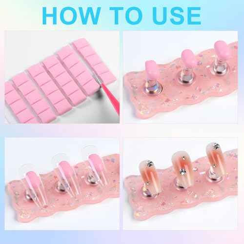 Pink Nail Stand for Press Ons - 2 Nail Holder for Painting Nails 10 Nail Stands 60 Sticky Tack 120 Adhesive Nail Tabs 1 Flower Nail Base - Press on Nail Stand Practice for Home Salon Supplies