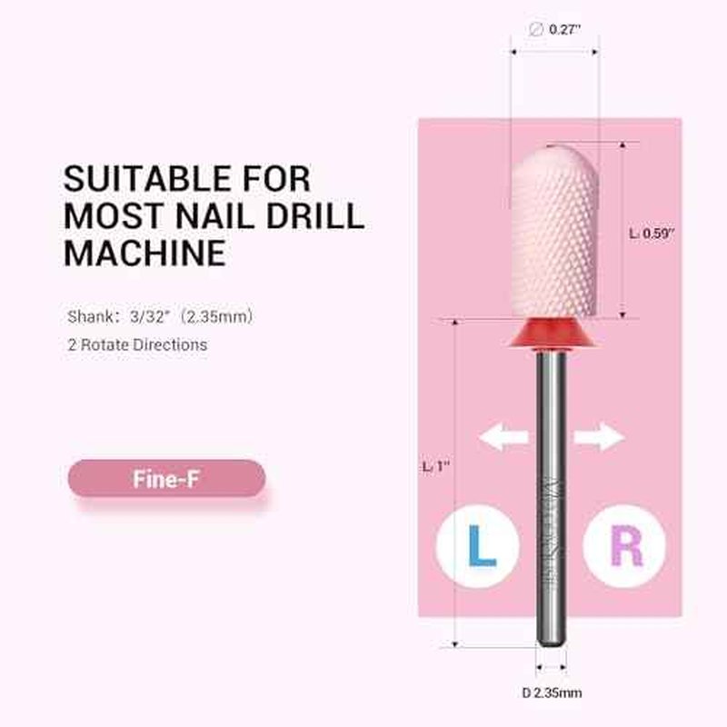 MelodySusie Ceramic Nail Drill Bit, 3/32'' Smooth Round Top Large Barrel Bits, Suitable for Manicure Pedicure Cuticle Gel Polishing, Beginners Bits, Pink, Series Bit-S, Fine