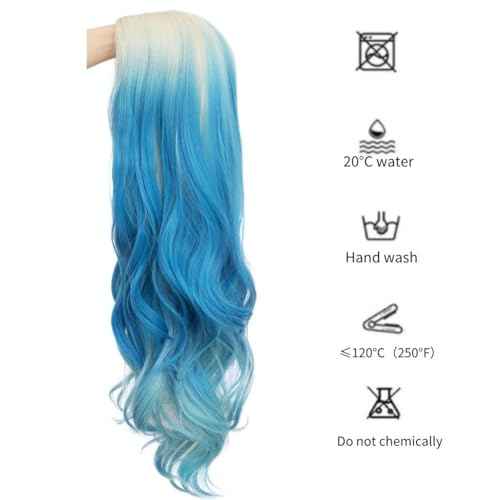 Blonde Blue Long Curly Wigs for Women 26 Inch Wavy Synthetic Middle Part Colourful Hair Wigs for Halloween Cosplay Use