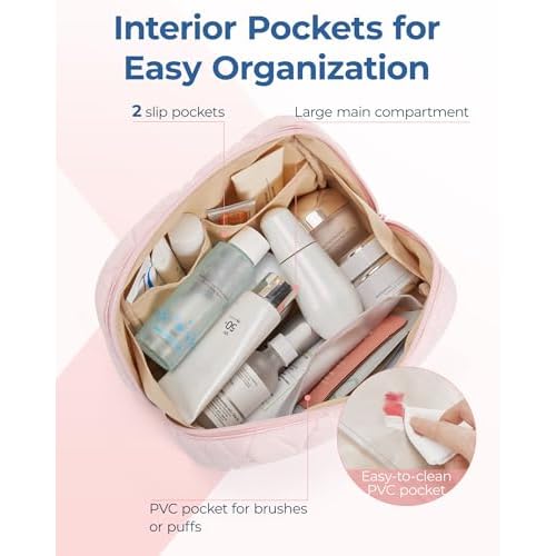 BAGSMART Makeup Bag, Travel Cosmetic Bag, Puffy Padded Make Up Bag for Women, Makeup Organizer Case, Wide-open Pouch Purse, Travel Essentials, Toiletries Accessories Brushes, Black