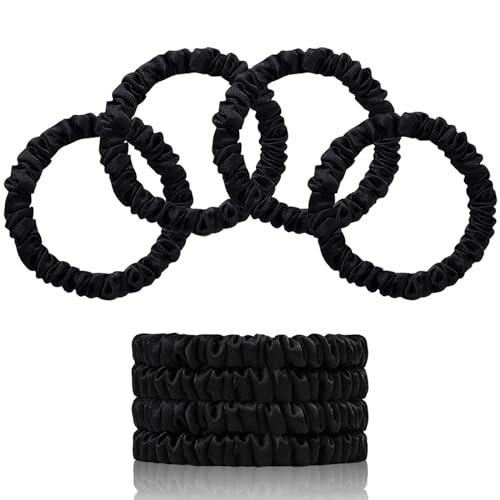 22 Momme 100% Pure Mulberry Silk Scrunchies (4 PCS) - Small Hair Elastics and Ties for Women, Sleep Hair Care, No Damage, Black