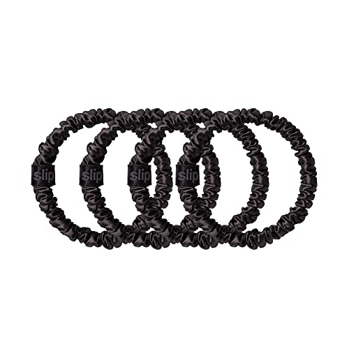 slip Silk Skinny Scrunchies - Black | Set of 4 Skinny Scrunchies | 100% Mulberry Silk, Anti-Crease, Gentle on Hair, Reduces Breakage | Stylish & Durable, Ideal for All Hair Types