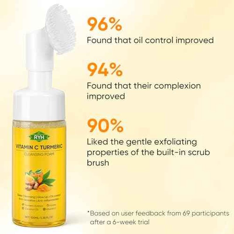 RYH 2pcs Turmeric Face Wash with Vitamin C, Deep Cleansing Face Wash Set, Glow Turmeric Facial Cleanser Foam, Vitamin C for Face, Gentle Facial Cleanser for Smoothing Skin 3.38 Fl.Oz/pc