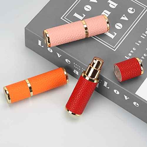 LUEXBOX 3 Pack Portable Perfume Bottle for Travel, Mini Refillable Perfume Dispenser, 5ml Faux Leather Leak Proof Perfume Atomizers Bottles Sprayer for Pocket Perfume (Red, Pink, Orange)