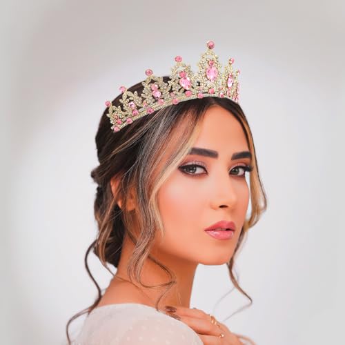 Gold Crown for Women, Fufuddz Pink Crystal Tiara Princess Tiaras Queen Crowns with Combs Quinceanera Birthday Bridal Wedding Prom Party Halloween Headband Christmas Hair Accessories 15th 16th