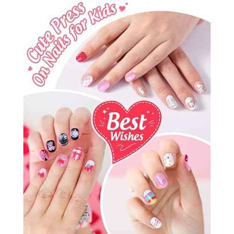120PCS 5 Pack Press on Nails for Kids,Tweens Girls Soft Fake Nail Kit, Reusable Creative Design kids Nails, Full Cover Glitter Stick on Nails Girl Nails for Kids Ages 8-12