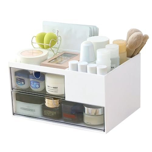 Makeup Organizer with 2 Drawers, Desk Organizer, 4 Compartments, Cosmetics Storage Box for nail polish,Lipstick, Brushes, Jewelry, Skincare, Bathroom Organization Boxes - White