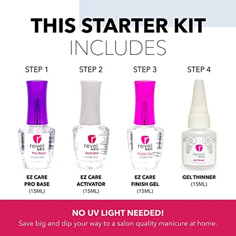 Revel Nail Starter Kit - 4 Color Manicure Set with Dip Nail Powder and Dip Powder Liquid Set - Pretty in Pink