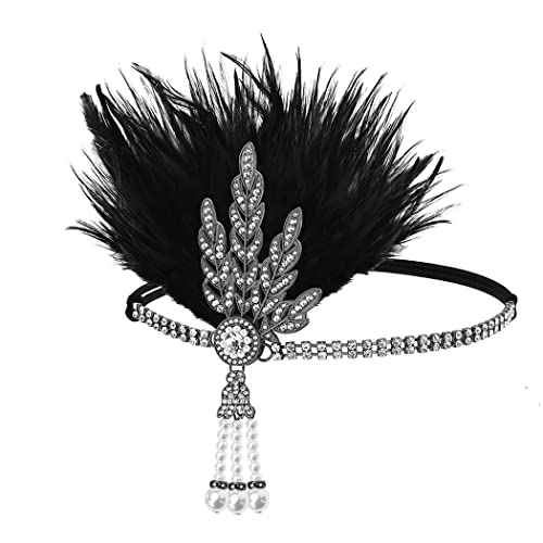 GORTIN 1920's Flapper Feather Headband Art Deco Headpiece Inspired Leaf Medallion Pearl Headband