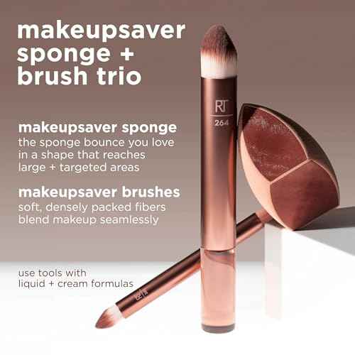 Real Techniques Makeupsaver Sponge + Brush Trio, Makeup Blending Sponge & Brushes For Liquid & Cream Foundation, Natural Finish & Reduces Makeup Waste, Cruelty & Latex-Free, 3 Piece Set