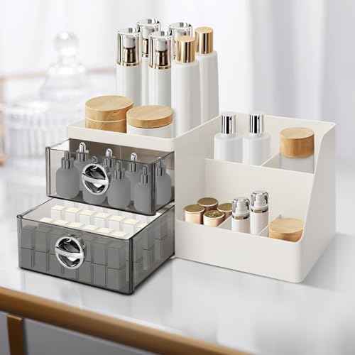 Makeup Organizer with Clear Drawers,Plastic Skincare Organizers for Vanity,Large Capacity Makeup Organizer Countertop for Cosmetics, Skincare,Office Stationery (Gray Drawer)