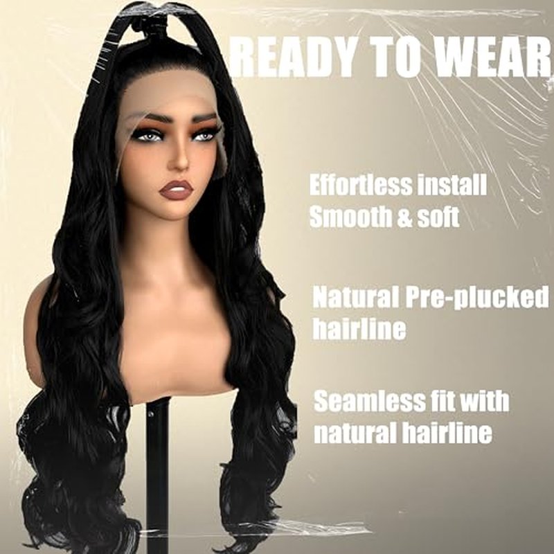 SOKU 13x6 Lace Front Wigs Synthetic 28 Inch Body Wave Wigs with Baby Hair Free Part Lace Frontal Wigs Pre Plucked Natural Black Wave Lace Front Wigs for Women Girls High Temperature Fiber