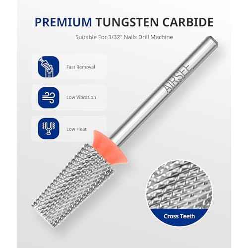 AIRSEE Tungsten Carbide Acrylic Nail Drill Bit Efile Electric File Machine Head Tip for Manicure Polishing Art Remove Gel 3/32" 2 Way Professional Tech Flat Top Tapered Barrel Fine-F