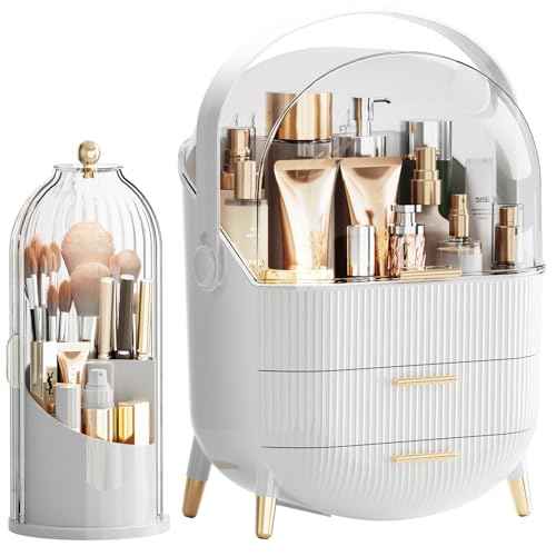 Makeup Organizers Countertop, Makeup organization for Vanity, Cosmetic Storage with Lid and Drawers, Skincare Display Cases with for Desktop, Bathroom (White)