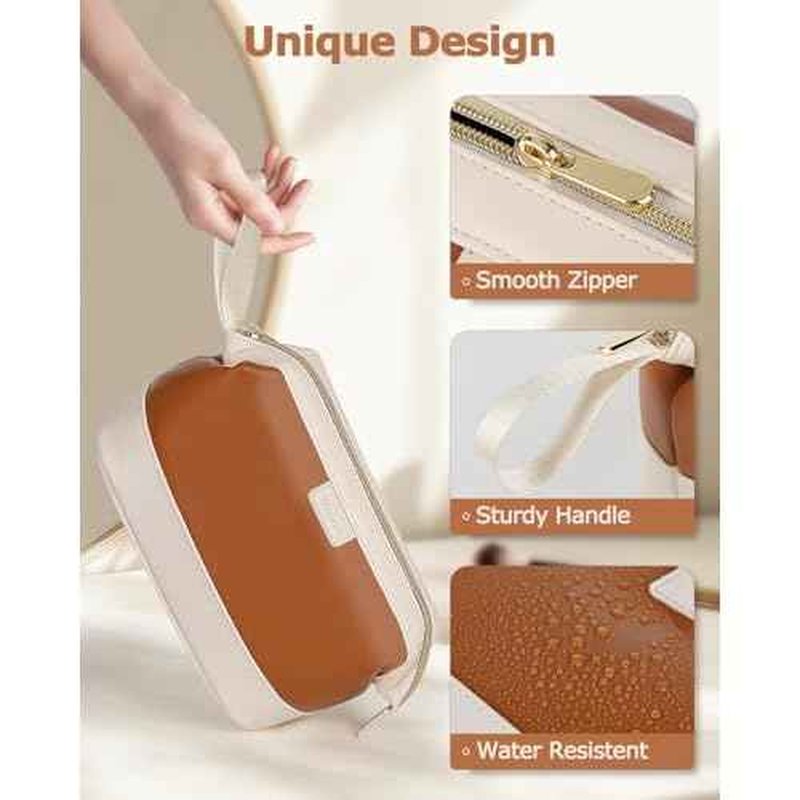 Wedama Makeup Bag Gift for Women, PU Leather Cosmetic Bag Wide Open Make up Organizer Bag, Large Capacity Travel Cosmetic Bag, Makeup Case with Handle for Women Girls, Brown