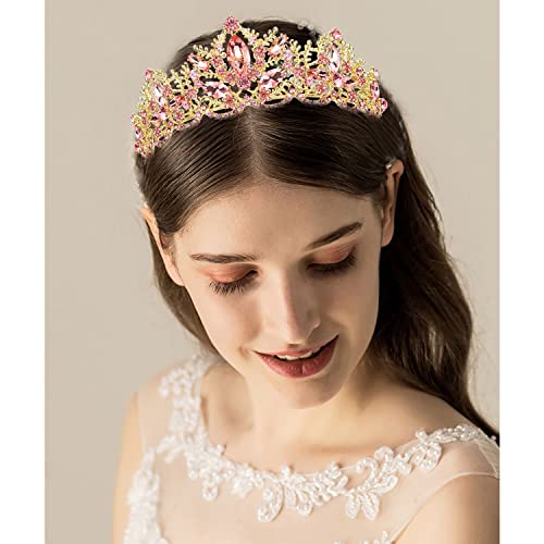 Pink Tiara for Women Gold Crown for Girls Wedding Princess Birthday Crystal Rhinestones Headbands for Prom Bridal Party Halloween Costume Christmas Gift