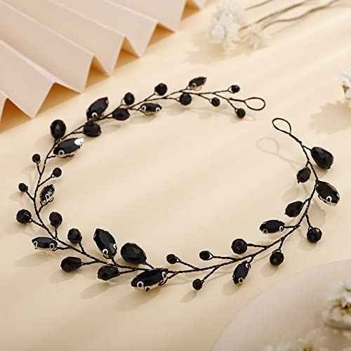 Teyglen Bridal Rhinestone Crystal Hair Vine - Handmade Long Black Rhinestones Headband for Brides, Vintage Headpieces for Women, Party Prom Birthday (Black)