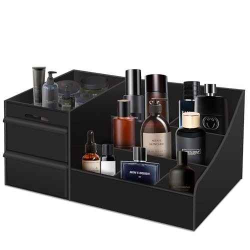 Simbuy Black Cologne Organizer for Men - Large Countertop Organizer with Drawers for Cologne, Perfume, Shaving & Skincare - Bathroom & Vanity Storage, Ideal Gift for Boyfriend, Husband, Dad & Friends