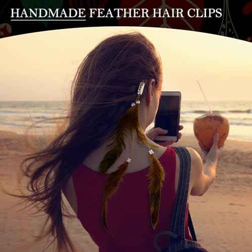 ICYANG Women Feather Hair Clips, 6 Pieces Handmade Boho Hippie Hair Extensions with Clip DIY Viking Hair Accessories Headdress