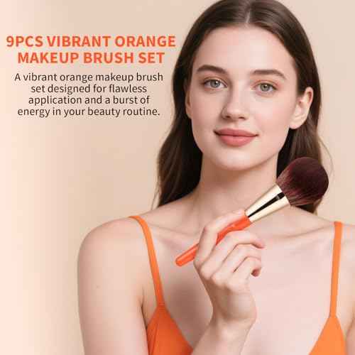 DUcare Makeup Brushes 9Pcs Vegan Makeup Brush Set with Travel Pouch - Face & Eye Brush Kit for Powder Contour Blush Concealer Eyeshadow Blending & Detailing, Synthetic Bristles,Orange